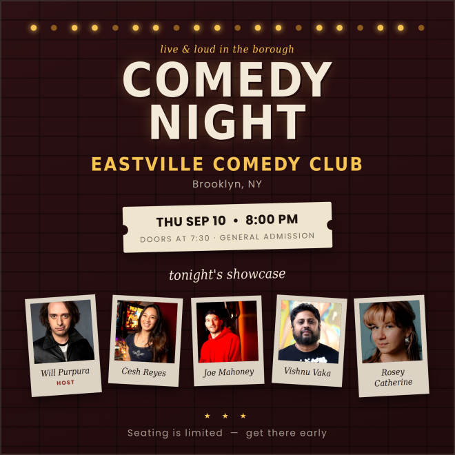 Vishnu Vaka, Will Purpura, Rosey Catherine, Joe Mahoney, Cesh Reyes — event poster