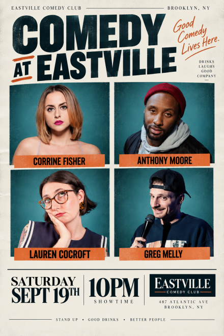 Corinne Fisher, Anthony Moore, Lauren Cocroft, Greg Melly, DJ Hairston — event poster
